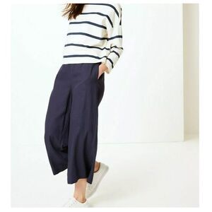 M&S Collection Navy Blue Wide Leg Linen Palazzo Pants Elastic‎ Waist US 12 14